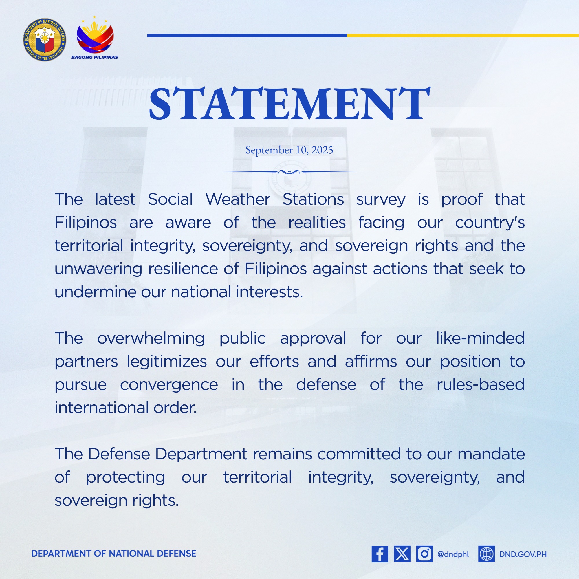 DND Statement on SWS Survey re 'like-minded partners'